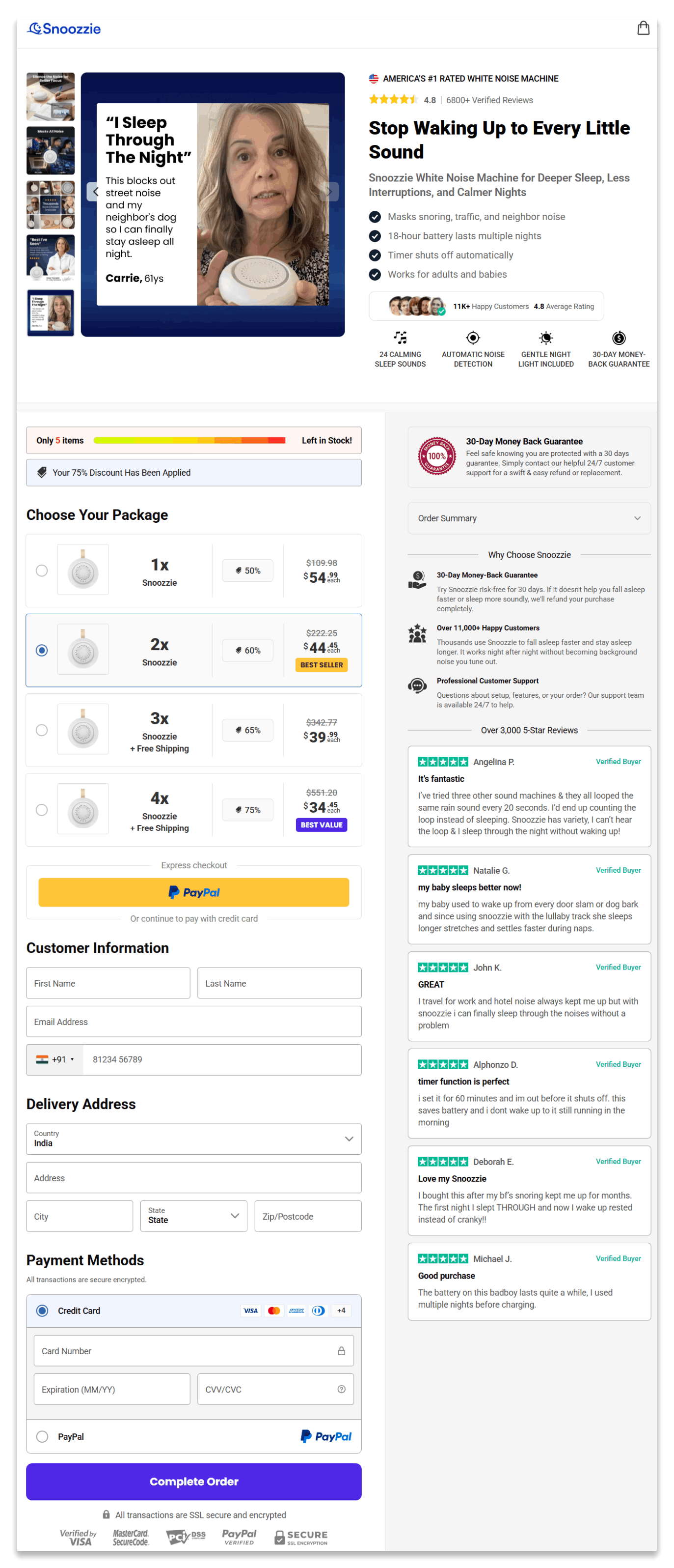Snoozzie White Noise Machine checkout page